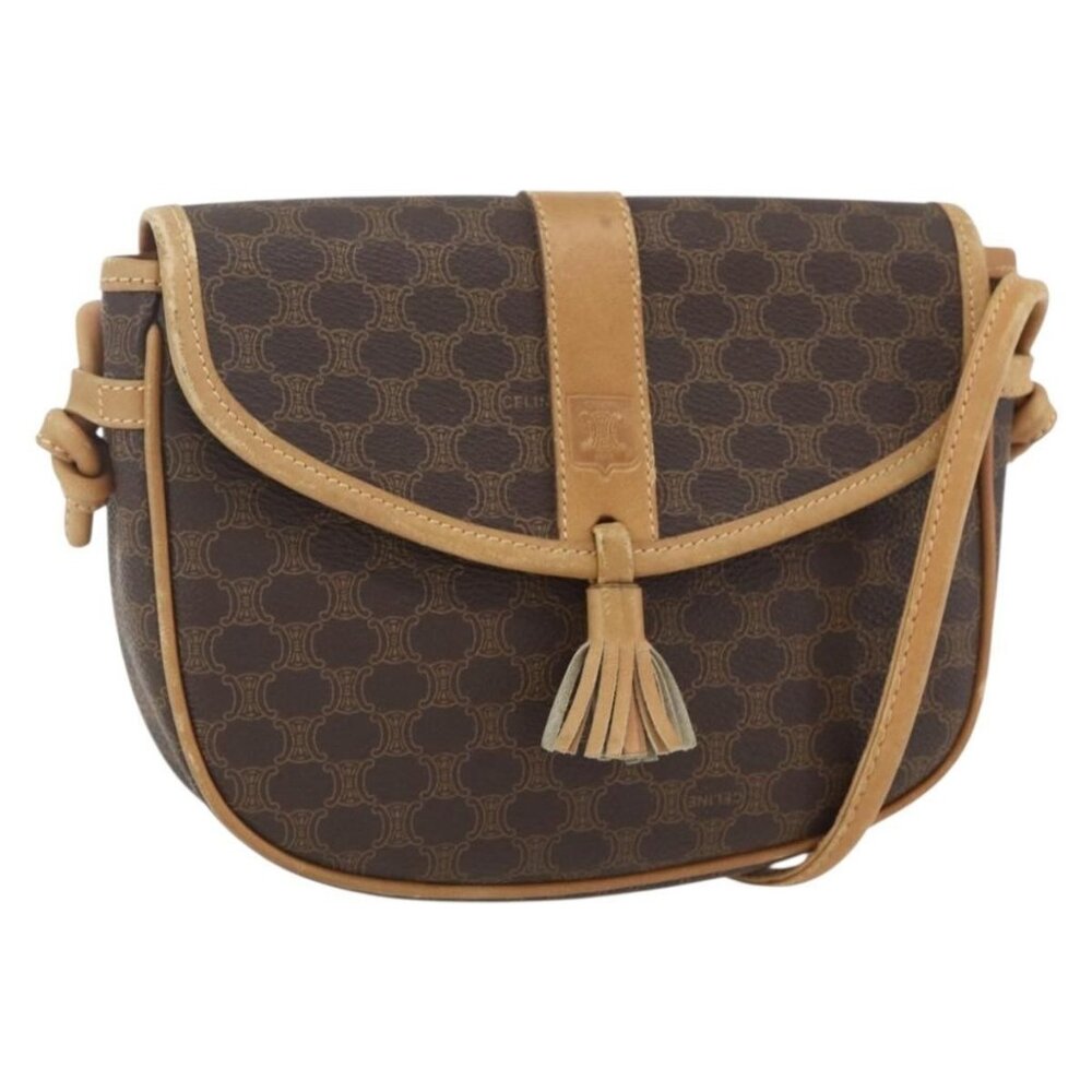 Authentic CELINE Macadam Canvas Shoulder Bag PVC Leather Brown Gold